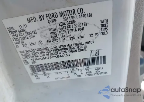 2012 Ford Escape Xls from USA, damaged, VIN 1FMCU0C79CKB45133